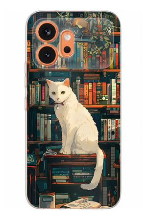 Honor 600 Uyumlu Kitaplık Beyaz Kedi Tasarımlı Baskılı Silikon Kılıf