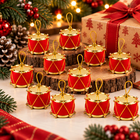 12'li Kırmızı Kadife Davul Yılbaşı Ağacı Süsü Seti (3 cm) - Gold Detaylı Mini Çam Ağacı Süsü
