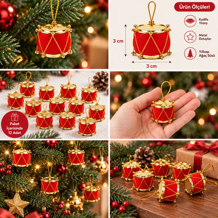 12'li Kırmızı Kadife Davul Yılbaşı Ağacı Süsü Seti (3 cm) - Gold Detaylı Mini Çam Ağacı Süsü