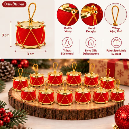 12'li Kırmızı Kadife Davul Yılbaşı Ağacı Süsü Seti (3 cm) - Gold Detaylı Mini Çam Ağacı Süsü