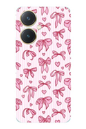 Vivo Y27 Uyumlu Pembe Fiyonk ve Kalp Desenli Baskılı Silikon Kılıf