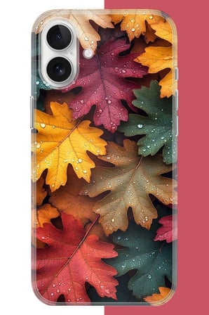 iPhone 17 Uyumlu Sonbahar Yaprakları ve Çiy Baskılı Silikon Kılıf