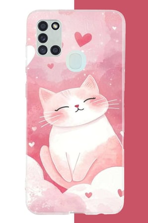 Samsung Galaxy A21S Uyumlu pembe kedi Baskılı Silikon Kılıf