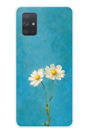 Samsung Galaxy A71 Uyumlu İki Beyaz Çiçek Tasarımlı Turkuaz Baskılı Silikon Kılıf