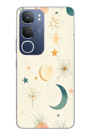 Vivo Y19s Uyumlu Krem Zeminli Ay ve Yıldız Baskılı Silikon Kılıf