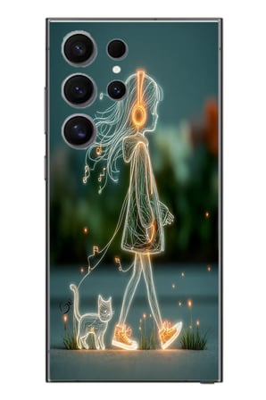 Samsung Galaxy S24 Ultra Uyumlu Kedili Neon Kız Baskılı Silikon Kılıf