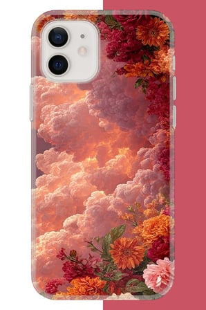iPhone 11 Uyumlu kırmızı bulut ve çiçekler Baskılı Silikon Kılıf