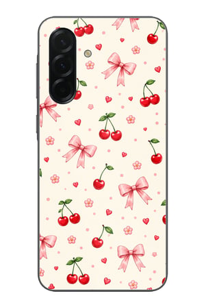 Samsung Galaxy A36 Uyumlu Pembe Fiyonklu Ve Kiraz Desenli Krem Baskılı Silikon Kılıf
