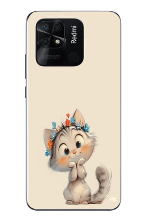Redmi 10C Uyumlu Sevimli Çiçekli Kedi Baskılı Silikon Kılıf