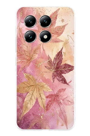 Xiaomi Mi 14T PRO Uyumlu Pembe ve Bordo Tonlu Yaprak Baskılı Silikon Kılıf