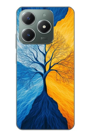 Realme C61 Uyumlu Sarı Mavi Ağaç Baskılı Silikon Kılıf