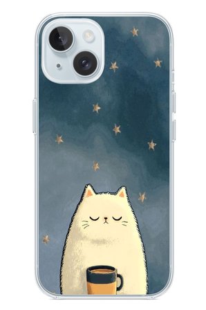 İphone 15 Uyumlu Kahveci Beyaz Kedir Baskılı Silikon Kılıf