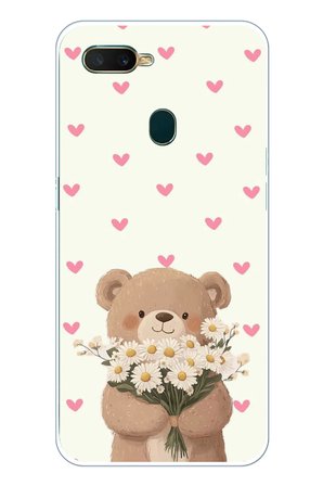 Oppo A5S-AX7-A12 Uyumlu Papatya Tutan Sevimli Ayıcık Baskılı Silikon Kılıf