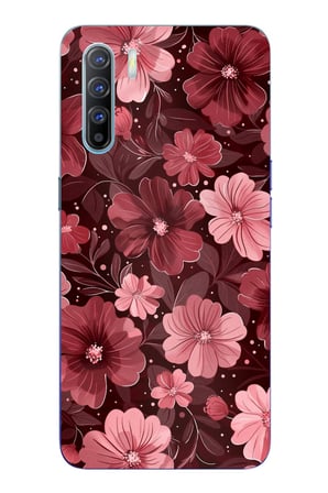 Oppo Reno 3-A91 Uyumlu Pembe ve Bordo Çiçek Desenli Baskılı Silikon Kılıf