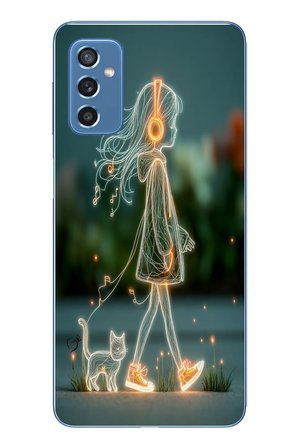Samsung Galaxy M52 Uyumlu Kedili Neon Kız Baskılı Silikon Kılıf
