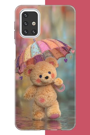 Samsung Galaxy M31s Uyumlu Yağmurda Şemsiyeli Ayıcık Baskılı Silikon Kılıf
