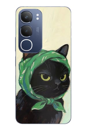 Vivo Y19s Uyumlu Babushka Yeşil Başörtülü Siyah Kedi Baskılı Silikon Kılıf
