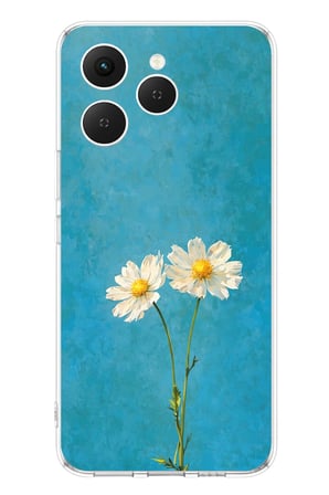 Tecno Spark 40 Uyumlu İki Beyaz Çiçek Tasarımlı Turkuaz Baskılı Silikon Kılıf