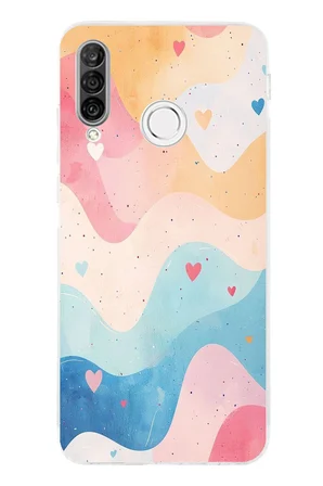 Huawei P30 Lite Uyumlu Pastel Renkli Dalgalı ve Kalp Baskılı Silikon Kılıf