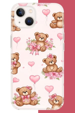 iPhone 13-14 Uyumlu fiyonklu peluş ayıcık Baskılı Silikon Kılıf