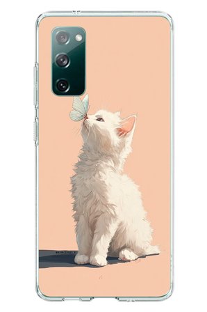 Samsung Galaxy S20 FE Uyumlu Beyaz Kelebekli Kedi Baskılı Silikon Kılıf