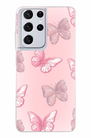 Samsung Galaxy S21 ULTRA Uyumlu Pembe Kelebekler Baskılı Silikon Kılıf