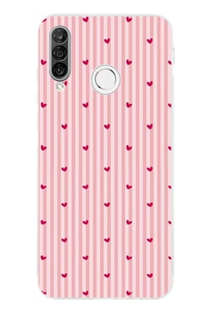 Huawei P30 Lite Uyumlu Pembe Çizgili ve Mini Kalp Baskılı Silikon Kılıf