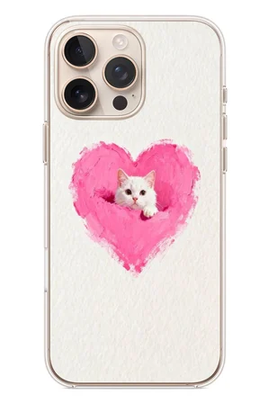 İphone 16 Pro Max Uyumlu Pembe Kalpli Kedi Baskılı Silikon Kılıf