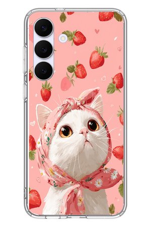 Samsung Galaxy S25 FE Uyumlu Örtülü Kedi Çilekli Baskılı Silikon Kılıf
