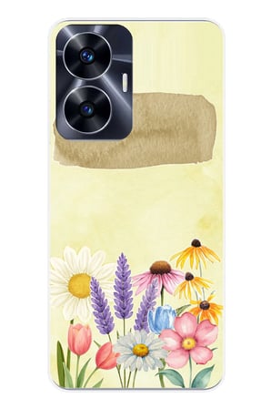 Realme C55 Uyumlu Sulu Boya Dokulu Vazoda Çiçek Desenli Baskılı Silikon Kılıf