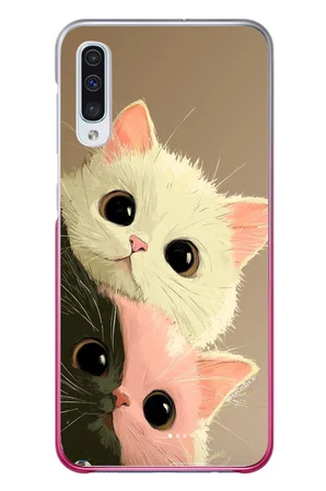 Samsung Galaxy A50 Uyumlu Pembe Siyah Beyaz Kedi Baskılı Silikon Kılıf