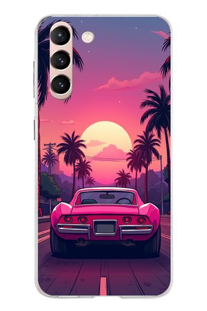 Samsung Galaxy S21 Uyumlu Palmiye Neon Pembe Araba Baskılı Silikon Kılıf