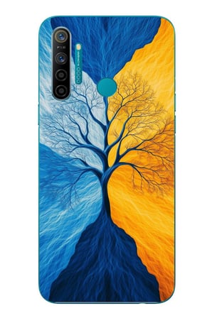 Realme 5i Uyumlu Sarı Mavi Ağaç Baskılı Silikon Kılıf