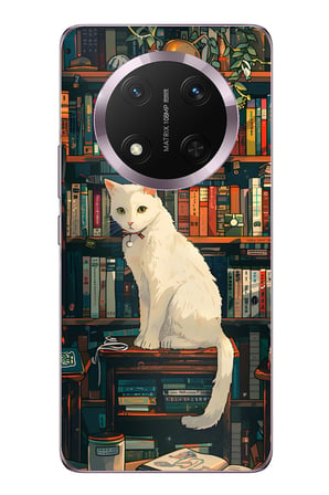 Honor Magic 7 Lite Uyumlu Kitaplık Beyaz Kedi Tasarımlı Baskılı Silikon Kılıf