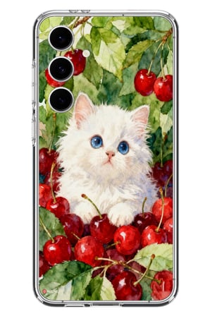 Samsung Galaxy S24 FE Uyumlu Kirazlı Kedi Baskılı Silikon Kılıf