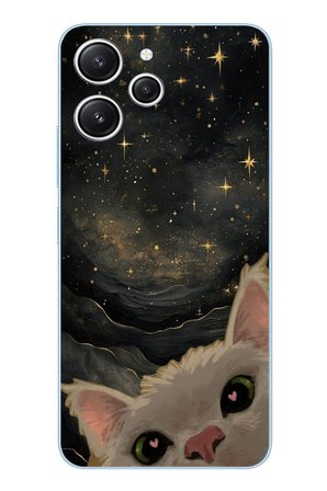 Redmi 12 Uyumlu Siyah Gökyüzülü Kedi Baskılı Silikon Kılıf
