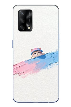 Oppo A74 Uyumlu Pembe Mavi Kedi Baskılı Silikon Kılıf
