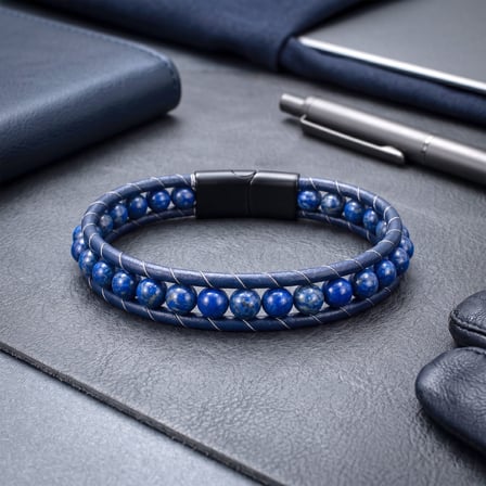 💎 Premium 6mm Lapis Taşlı Deri Kordon Ve Çelik Bileklik 31832B2D6M14
