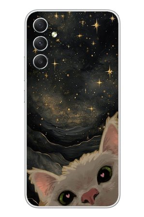 Samsung Galaxy A34 Uyumlu Siyah Gökyüzülü Kedi Baskılı Silikon Kılıf