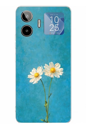 General Mobile GM 26 PRO Uyumlu İki Beyaz Çiçek Tasarımlı Turkuaz Baskılı Silikon Kılıf