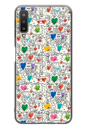 Samsung Galaxy A7 2018 Uyumlu Kalp Çizgileri Karışık Baskılı Silikon Kılıf