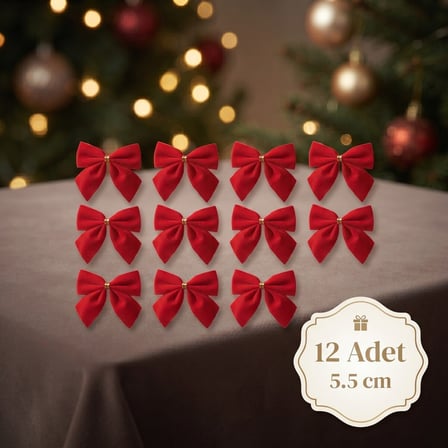 12'li Kırmızı Kadife Mini Fiyonk Kurdele Seti (5,5 cm) - Yılbaşı Ağacı & Hediye Paketi Süsü (Altın Bağlamalı)