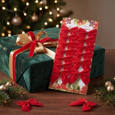 12'li Kırmızı Kadife Mini Fiyonk Kurdele Seti (5,5 cm) - Yılbaşı Ağacı & Hediye Paketi Süsü (Altın Bağlamalı)