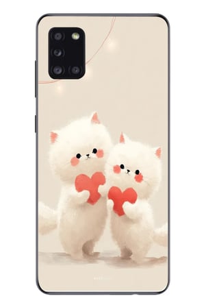 Samsung Galaxy A31 Uyumlu Kalpli Beyaz Kediler Baskılı Silikon Kılıf