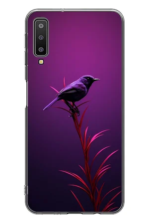 Samsung Galaxy A7 2018 Uyumlu Mor Kuş Dalda Baskılı Silikon Kılıf