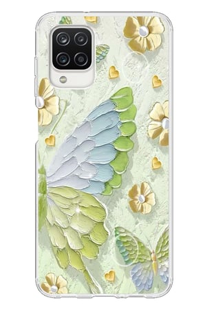 Samsung Galaxy A12 Uyumlu Yeşil Mavi Kelebek Baskılı Silikon Kılıf