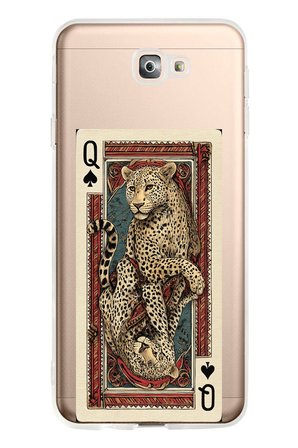 Samsung Galaxy J7 Prime Uyumlu İskambil Kağıdı Tasarımlı Leopar Portre Baskılı Silikon Kılıf