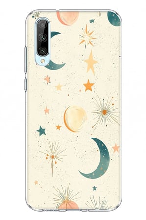 Huawei P Smart S Uyumlu Krem Zeminli Ay ve Yıldız Baskılı Silikon Kılıf