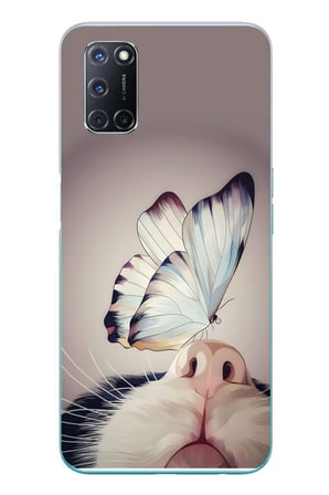 Oppo A52 Uyumlu Kelebekli Kedi Baskılı Silikon Kılıf