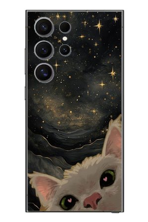 Samsung Galaxy S24 Ultra Uyumlu Siyah Gökyüzülü Kedi Baskılı Silikon Kılıf